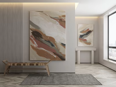 Abstract Paintings On Modern Interior Wall With Wooden Bench And Area Rug 3d model