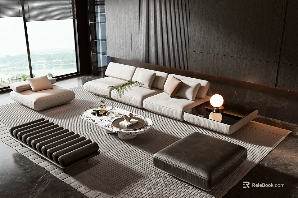 Modern Beige Sofa And Coffee Table Set With Decorative Pillows Ottoman And Lamp 3d model 