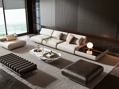 Modern Beige Sofa And Coffee Table Set With Decorative Pillows Ottoman And Lamp 3d model