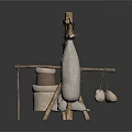Handmade Wooden Storage Tools With Hanging Bags And Round Objects On Stands