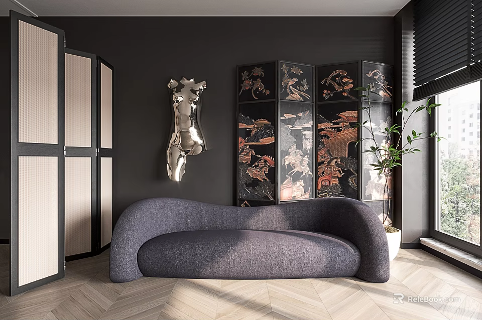 Modern Living Room Featuring Curved Sectional Sofa Artistic Screen Sculpture And Wooden Floor 3d model 