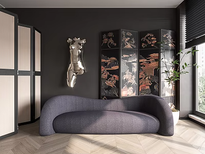 Modern Living Room Featuring Curved Sectional Sofa Artistic Screen Sculpture And Wooden Floor 3d model