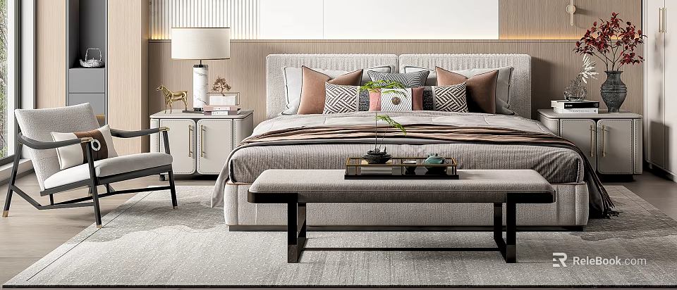 Modern Double Bed With Plush Pillows Striped Bedding Side Table Lampshade Front Bench Tea Set 3d model