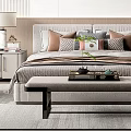 Modern Double Bed With Plush Pillows Striped Bedding Side Table Lampshade Front Bench Tea Set 3d model