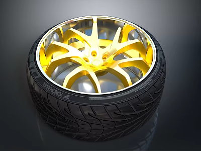 Car Wheel With Golden Spoke Design And Shiny Alloy Rim Black High Performance Tire 3d model