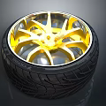 Car Wheel With Golden Spoke Design And Shiny Alloy Rim Black High Performance Tire