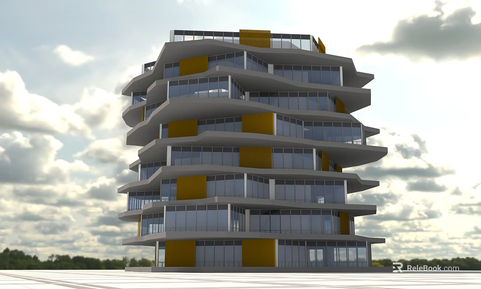 Modern Multi Storey Office Building With Unique Design Yellow And White Facade And Glass Windows 3d model 