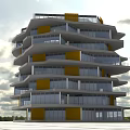 Modern Multi Storey Office Building With Unique Design Yellow And White Facade And Glass Windows