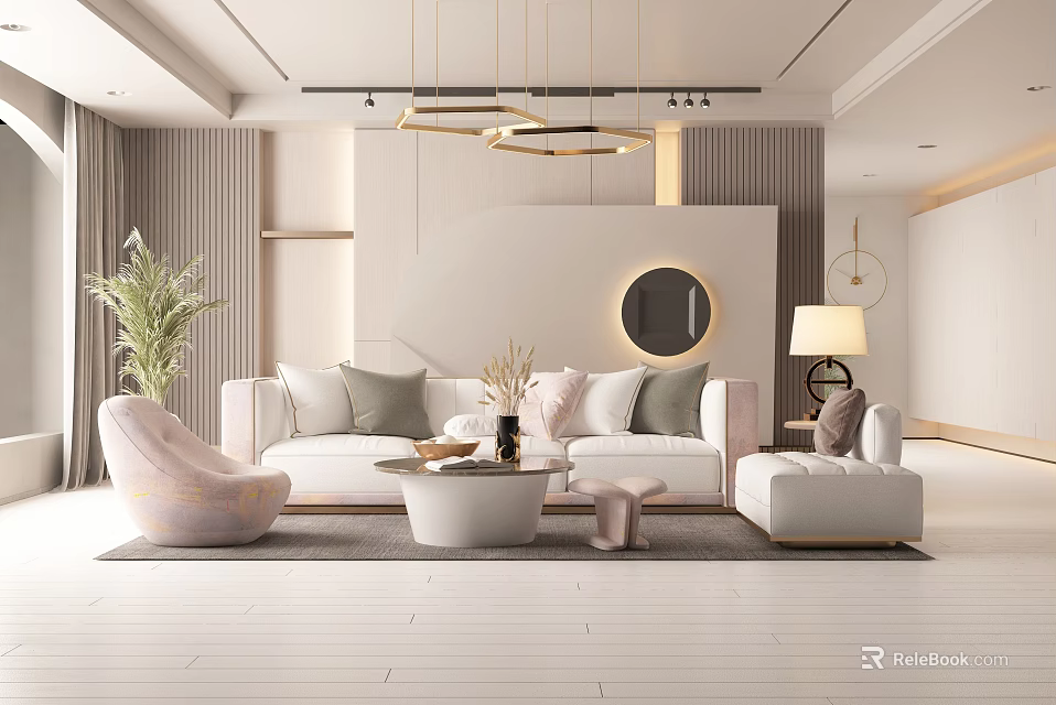 Modern Living Room Interior With White Sofa Pink Armchair And Circular Mirror 3d model 