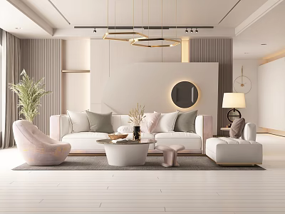 Modern Living Room Interior With White Sofa Pink Armchair And Circular Mirror 3d model