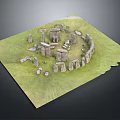 Cartoon Scene Of 3D Stonehenge Ancient Stone Circle With Arranged Stones And Green Grass