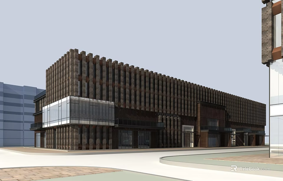 Modern Hotel Building With Vertical Wooden Facade And Large Glass Windows 3d model 