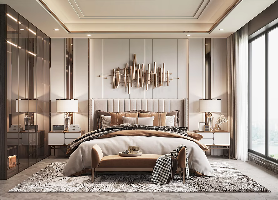Elegant Modern Bedroom Interior With Tufted Headboard Pillows Nightstands Table Lamps And Wall Decor 3d model 