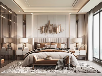Elegant Modern Bedroom Interior With Tufted Headboard Pillows Nightstands Table Lamps And Wall Decor 3d model