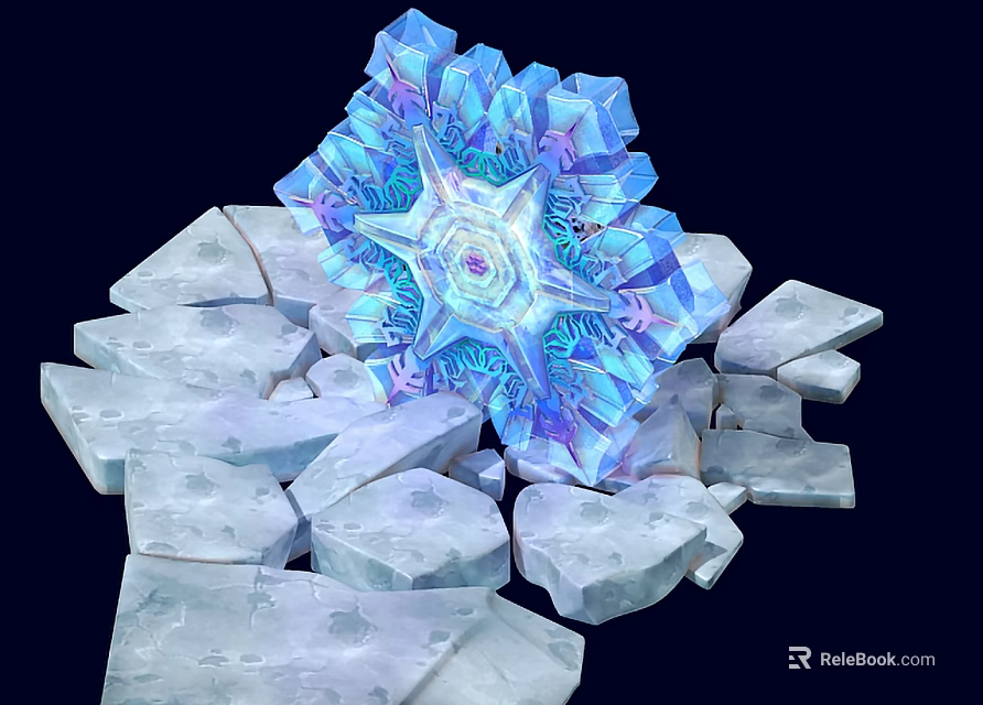Natural Ice Crystal Snowflake Surrounded By Broken Ice Blocks On Dark Background 3d model 