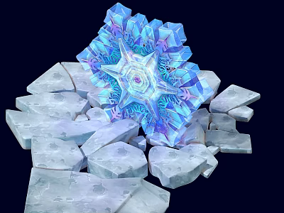 Natural Ice Crystal Snowflake Surrounded By Broken Ice Blocks On Dark Background 3d model