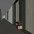Modern Hotel Corridor with Wooden Walls Soft Carpet Flooring Warm Lighting and Elegant Decor