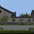 Traditional Chinese Detached Villa with Black Roof White Walls Hexagonal Fan Windows Red Door Greenery