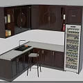 Dark Wood Kitchen Cabinets With Countertop Sink Wine Cooler And Stool Interior Design