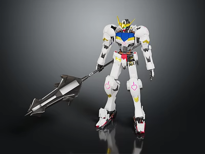 Mecha Robot Figure With White Armor And Yellow Blue Accents Holding Large Spear Weapon 3d model