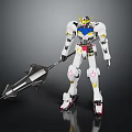 Mecha Robot Figure With White Armor And Yellow Blue Accents Holding Large Spear Weapon