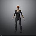Woman with red hair wearing black top and yellow accents black pants and boots