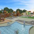 Colorful School Outdoor Playground With Slide Soccer Goal Lawn And Trees