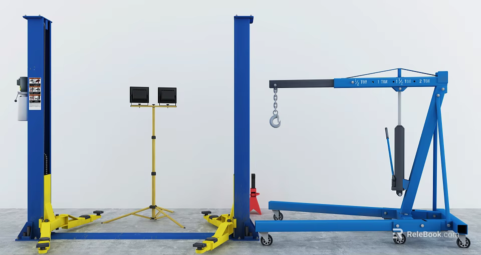 Industrial Lifting Equipment With Blue Main Structure Yellow Support Stands Black Monitors And Wheels 3d model 