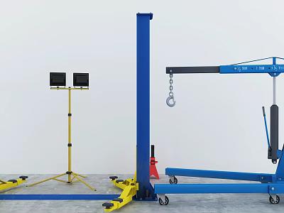 Industrial Lifting Equipment With Blue Main Structure Yellow Support Stands Black Monitors And Wheels 3d model