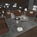 Modern Living Room Brown Leather Sofa Coffee Table Set Armchair And Bookshelf