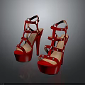 Red Strappy High Heels With Pearl Embellishments And Platform Stiletto Sole