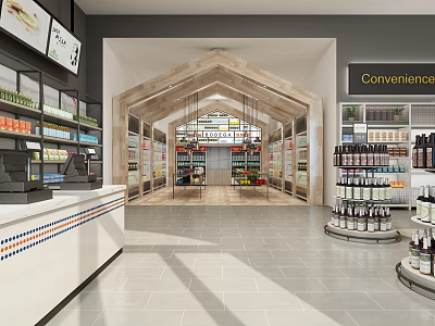Supermarket Grocery Store Interior With Checkout Counter Shelves And Various Product Displays 3d model