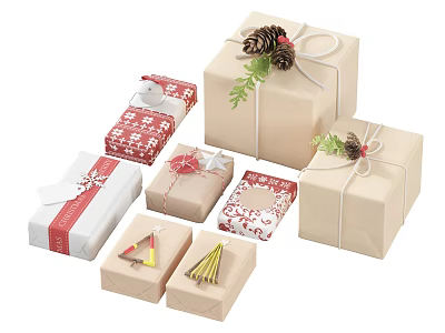 Decorative Gift Boxes Set With Pine Cones Green Foliage Ribbons And Tags 3d model