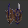 Fantasy Weapons Collection Featuring Decorated Swords And Wooden Shields With Blue Gold Patterns