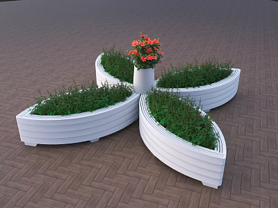 Roadside Landscaping Facilities With White Petal Shaped Planters Green Plants And Orange Flowers 3d model
