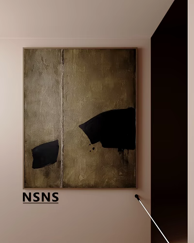 Modern Abstract Oil Painting With Gold Background Black Brush Strokes And Split Canvas 3d model