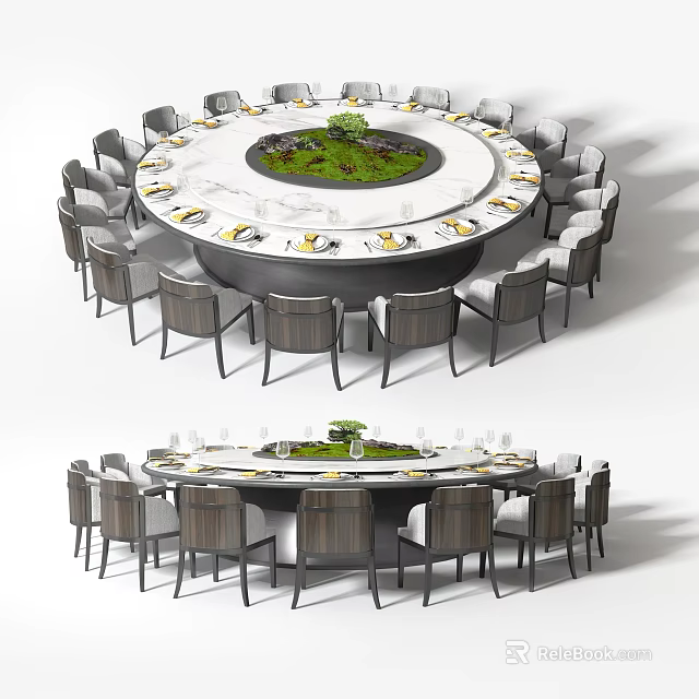 Modern Round Dining Table Set With Central Green Plant And Surrounding Chairs 3d model