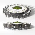 Modern Round Dining Table Set With Central Green Plant And Surrounding Chairs 3d model