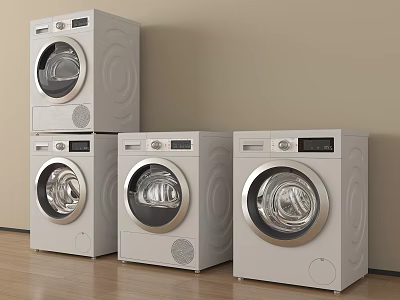 Four White Front Load Washing Machines With Modern Design On Wooden Floor 3d model