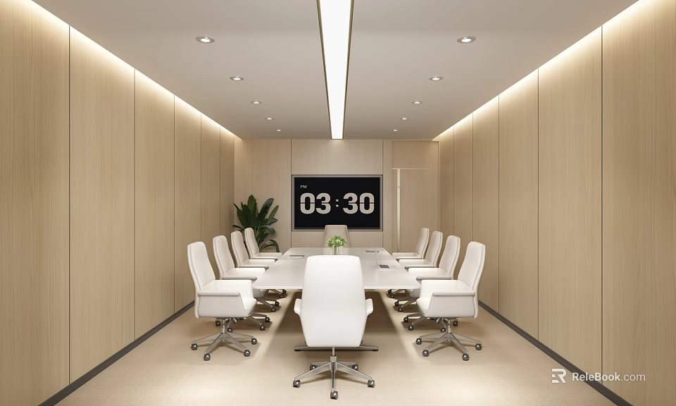 Modern Meeting Room With Long Conference Table White Chairs Wooden Walls And Digital Clock 3d model 