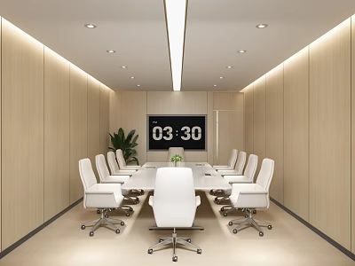 Modern Meeting Room With Long Conference Table White Chairs Wooden Walls And Digital Clock 3d model