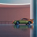 Green Sports Car Near Person Walking By Modern Wall With Colorful Lighting And Reflective Floor