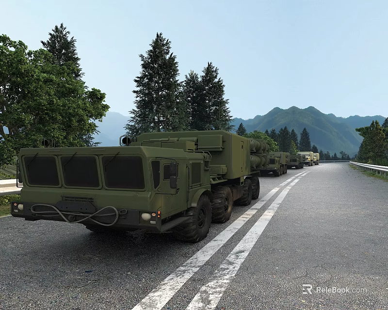 Military Utility Vehicles Conveying on Mountain Road with Green Trees and Hills 3d model 