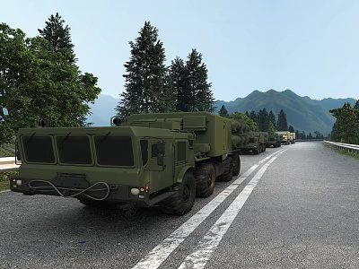 Military Utility Vehicles Conveying on Mountain Road with Green Trees and Hills 3d model