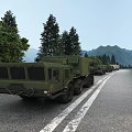 Military Utility Vehicles Conveying on Mountain Road with Green Trees and Hills