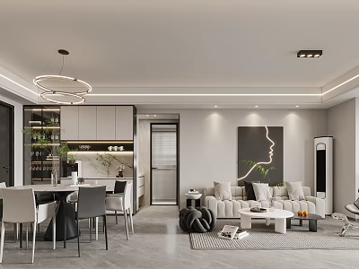 Modern Living And Dining Room Interior With Sofa Dining Table And Chandelier 3d model