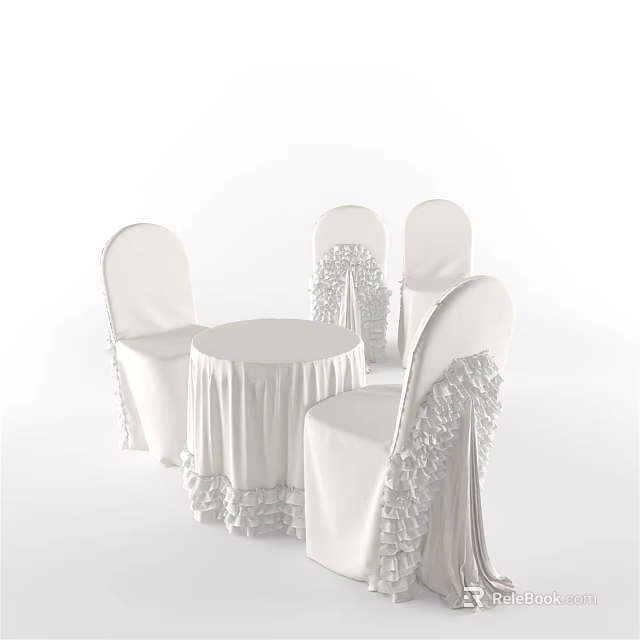 White Dining Table Set With Round Table And Ruffled Decorative Chairs 3d model 
