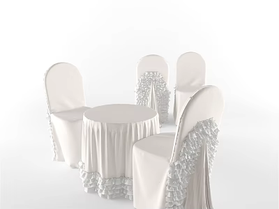 White Dining Table Set With Round Table And Ruffled Decorative Chairs 3d model