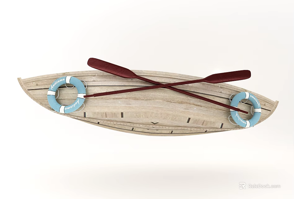 Wooden Boat Decorative Model With Blue Life Rings And Crossed Red Paddles 3d model 