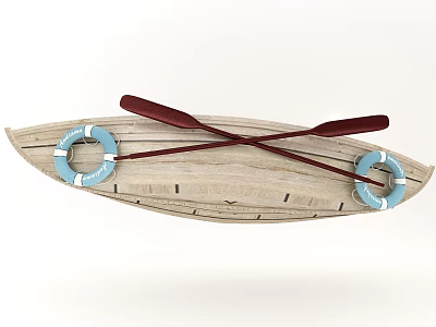 Wooden Boat Decorative Model With Blue Life Rings And Crossed Red Paddles 3d model